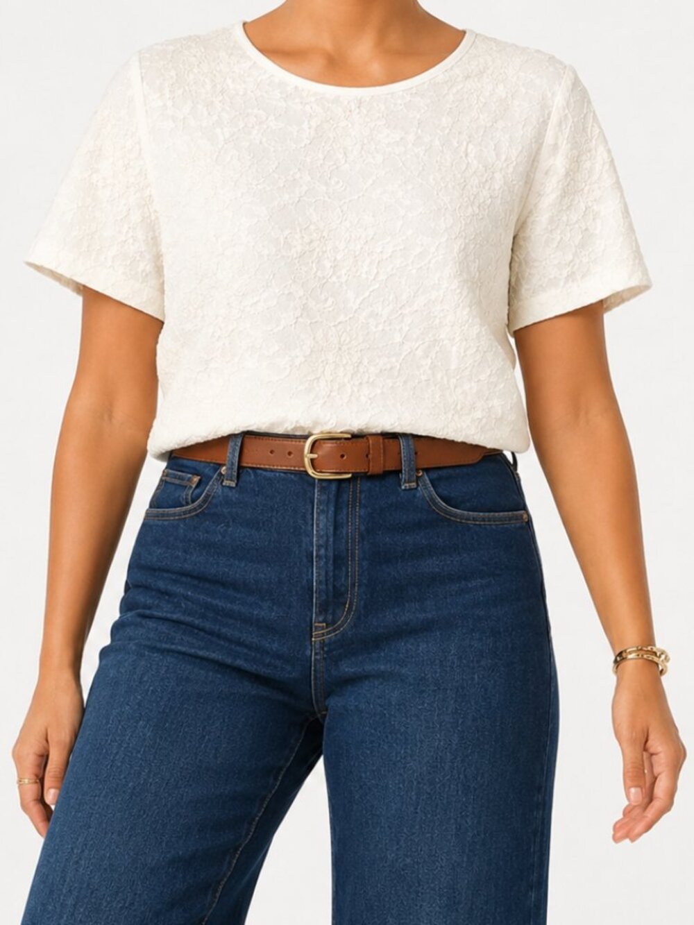 Ophelia Roe Threaded Floral Minimalist Neutral Ivory Short Sleeve Top [size L]